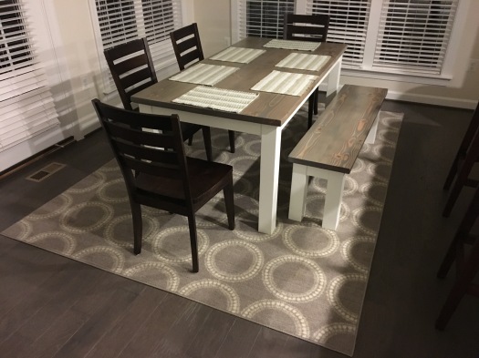 Grey and white dining table, chairs and dining bench