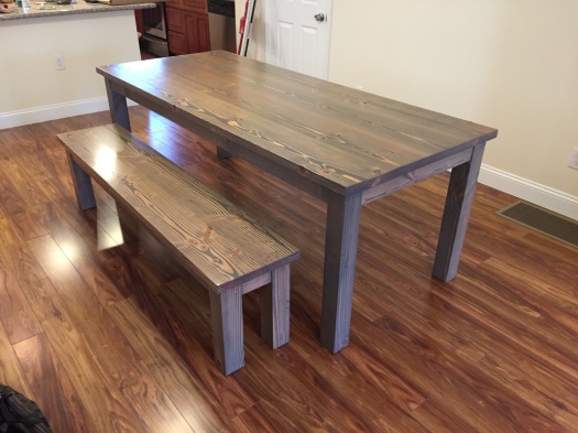 gray wood farmhouse table and bench