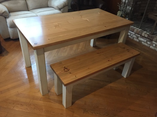lightly distressed rustic kitchen table and bench
