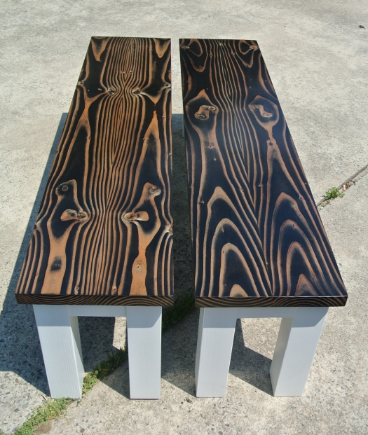 farmhouse dining benches with bookmatched wood tops